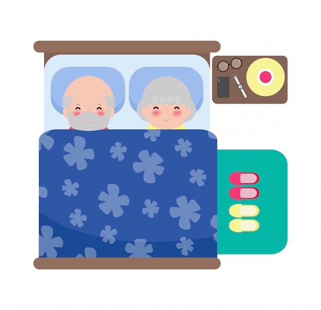 Vector senior couple sleeping in bed, adult old man and old woman sleep in bed, old people healthy dream sleep in bedroom isolated on white background  illustration in flat style