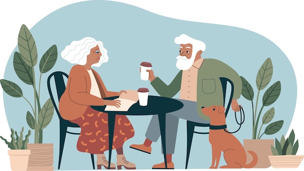 Senior couple spending time together Elder people drinking coffee in outdoor cafe