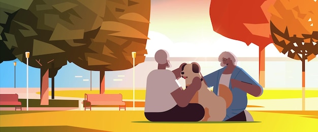 Старшая пара проводит время с собакой в городском парке релаксация пенсионной концепции полная горизонтальная векторная иллюстрация