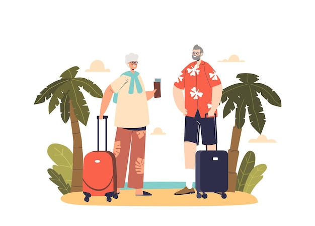 海辺の休暇で旅行する年配のカップルエキゾチックな熱帯の海のリゾートで一緒に年上の男性と女性