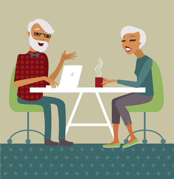 Vector senior couple using laptop