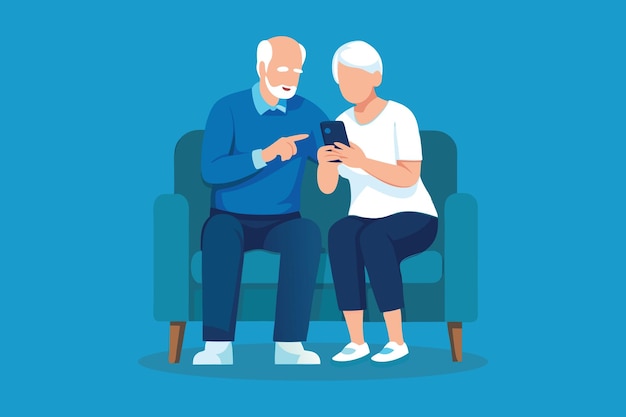 senior couple using a smartphone isolated flat vector illustration