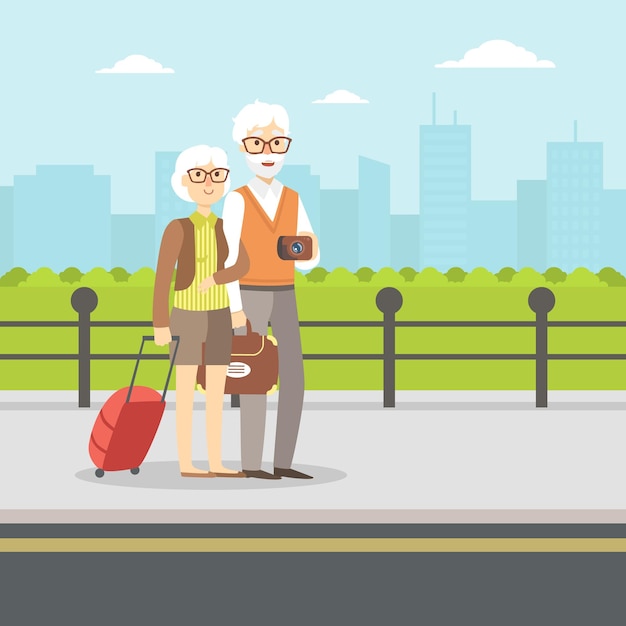 Vector senior couple waiting for transport elderly tourists having summer vacation vector illustration