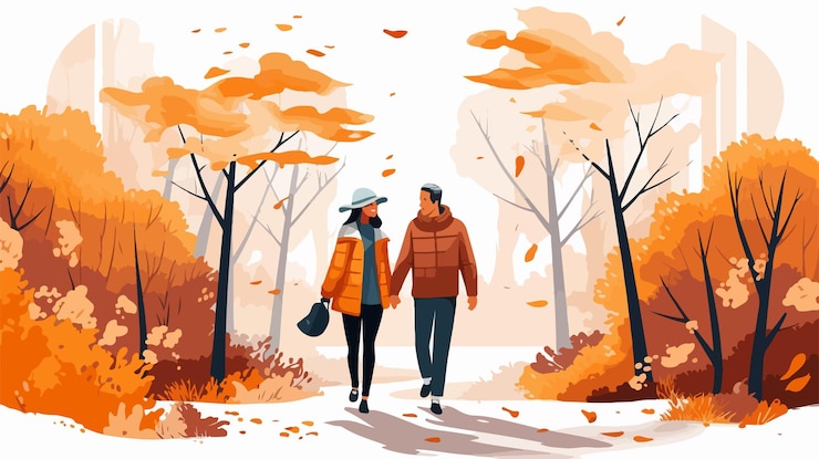 Vector senior couple walking in autumn forest peaceful fall stroll