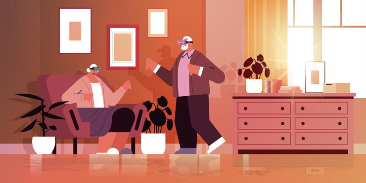 Вектор пара пожилых людей в гарнитуре vr бабушка и дедушка в цифровых очках исследуют виртуальную реальность интерактивные услуги активная старость концепция интерьер гостиной горизонтальная векторная иллюстрация