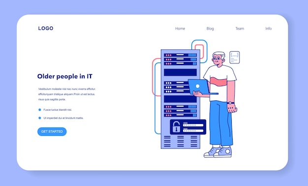 Vettore banner web o pagina di destinazione per sviluppatori senior programmazione e codifica oldman sviluppo e manutenzione di siti web o app specialista it oldster che lavora nel centro di elaborazione dati illustrazione vettoriale piatta