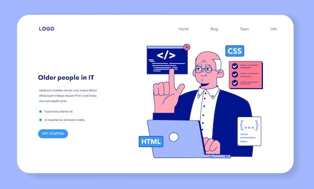 Senior developer web banner or landing page oldman programming and coding developing and maintaining