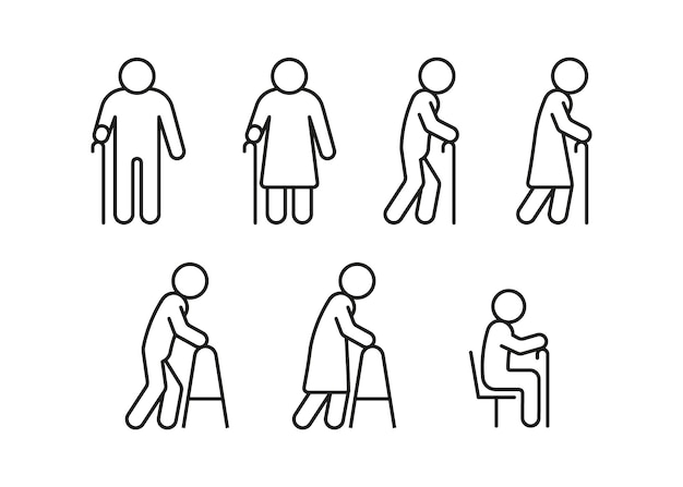 Senior elder people line icon set Old persons with stick and support Care for disabled people