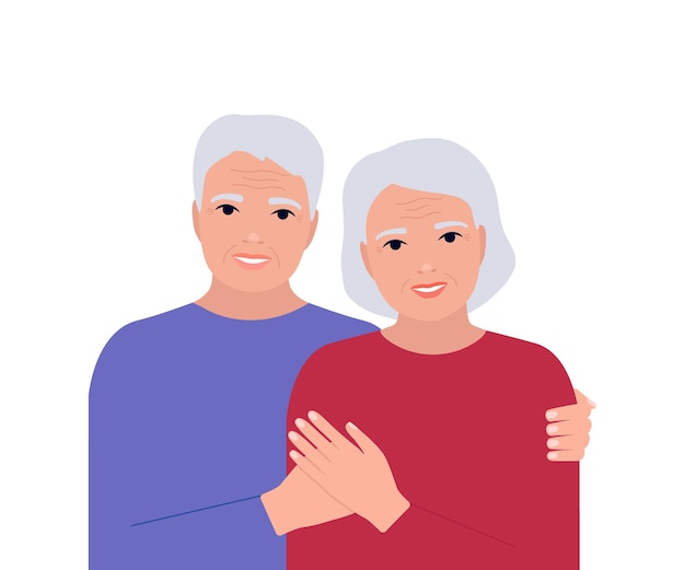 Vector senior elderly couple man and woman hug together grizzle and with wrinkles people family old age