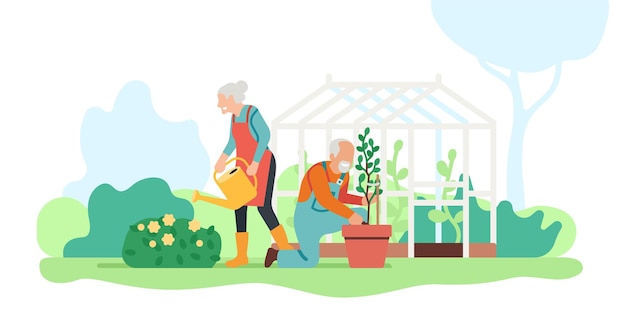 Vector senior familie hobby. ouderen gingen tuinieren. grootouders planten en water bloemen in de tuin. paar zorgen voor bloesems. personen werken in tuin en kas. vector concept