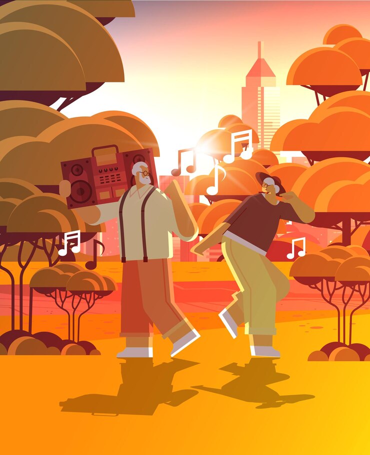 Vector senior family with bass clipping blaster recorder dancing and singing grandparents having fun active old age concept