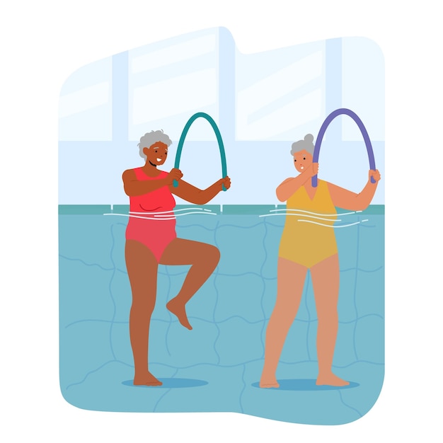 Vector senior female characters exercising in pool with noodles training muscle strength in supportive environment illustration