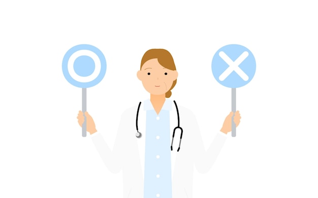 Senior female doctor in white coat holding a crossed out stick in a matching pose