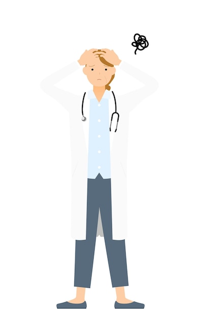 Vector senior female doctor in white coat holding head pose in trouble