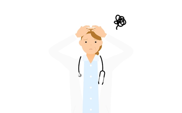 Vector senior female doctor in white coat holding head pose in trouble