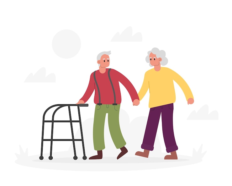 Vector senior female walking with husband outside positive seniors spending time together outdoors
