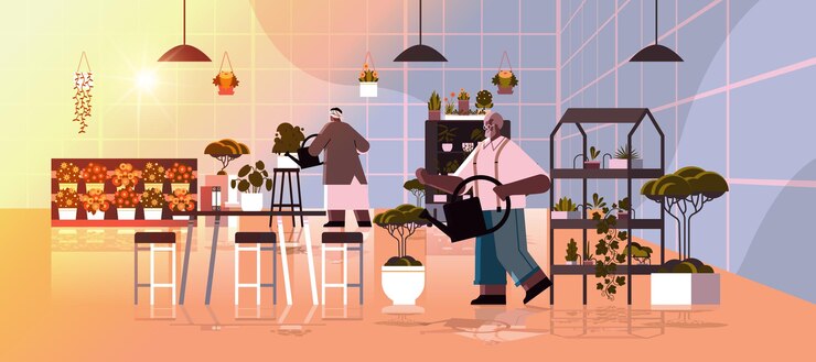 Vector senior gardeners couple taking care of potted plants and flowers at greenhouse home garden interior full length horizontal vector illustration