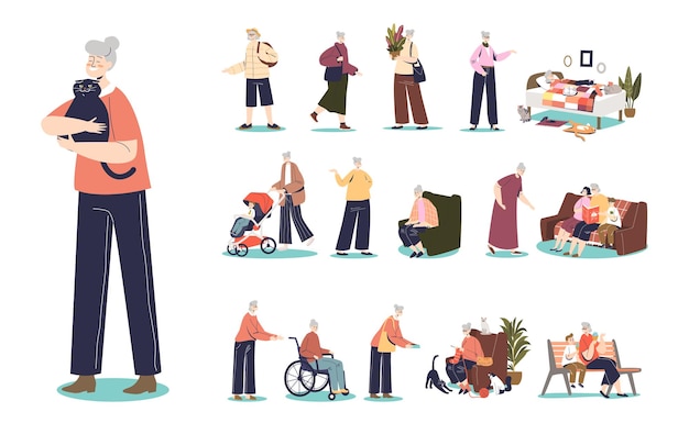 senior gray hair cartoon female character lifestyle set: older grandma mature woman walking, doing hobby, at home or with grandkids. flat vector illustration