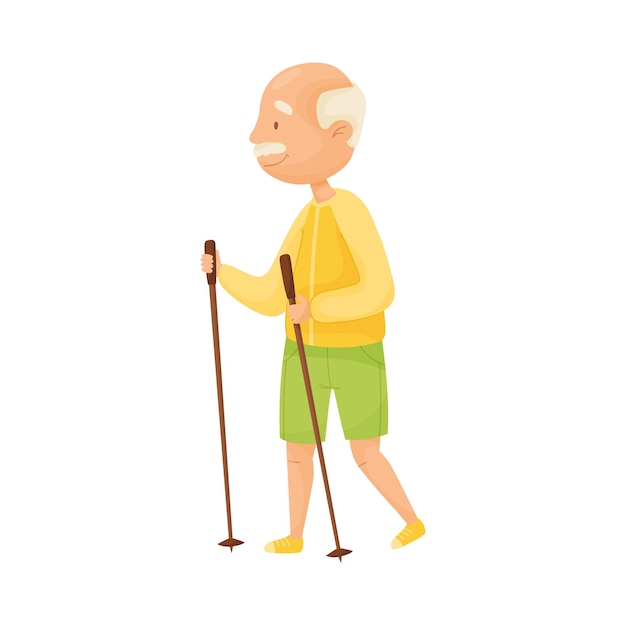 Vector senior greyhaired man with mustache nordic walking vector illustration