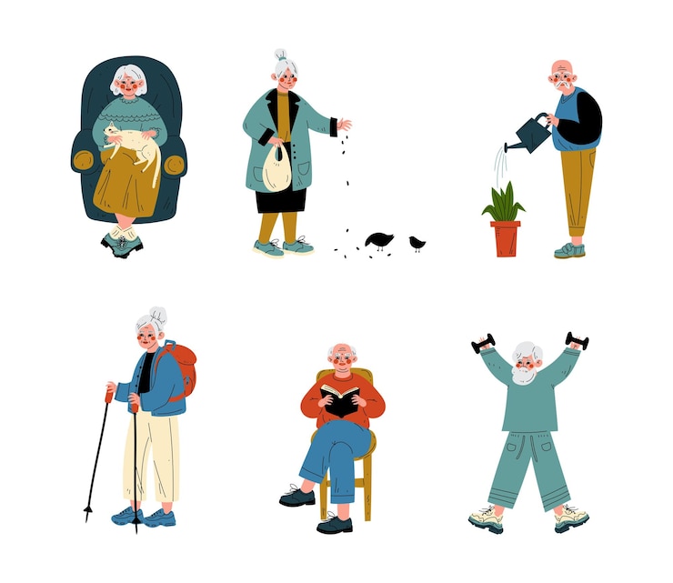 Vector senior greyhaired man and woman engaged in different activity vector set