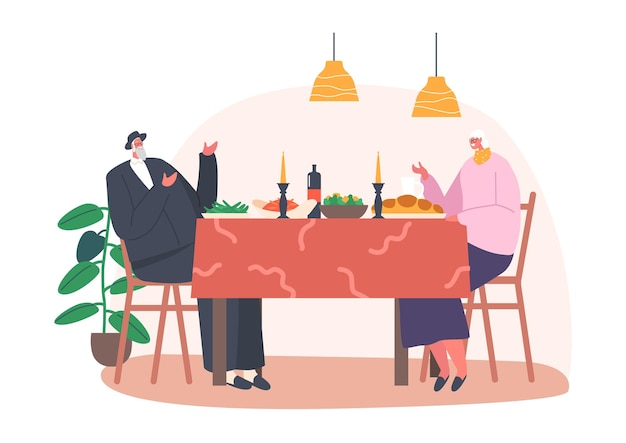 家で夕食を祝うか夕食をとる年配のユダヤ人のカップル老人はキッパーを身に着け、女性は食事と一緒にテーブルに座っています