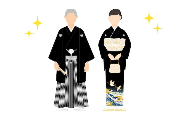 Senior koppel in montsuki hakama en zwarte tomesode, ouders die de bruiloft in kimono bijwonen.
