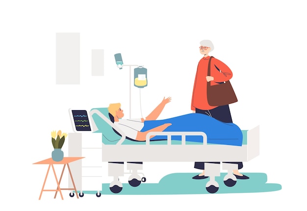 senior lady visiting young man in hospital