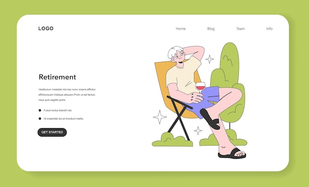 Vector senior life milestone web banner or landing page retirement and spending time at home aged character