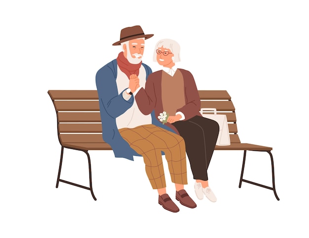 一緒にベンチに座っている 2 人の老人のシニア ラブ カップル。幸せな笑顔の年配の男性と女性が抱き合ったり、デートで手をつないだりしています。白い背景に分離された色付きのフラット ベクトル イラスト。