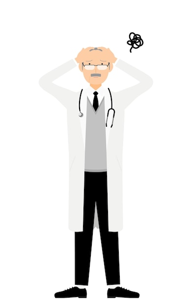 Medico maschio senior in camice bianco che tiene la testa posa di fastidio