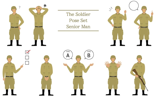 Senior Male Soldier Pose Set questioning worrying encouraging pointing etc