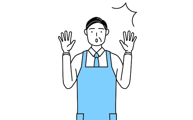 A senior man in an apron raising his hand in surprise