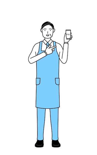 A senior man in an apron recommending cashless online payments on a smartphone