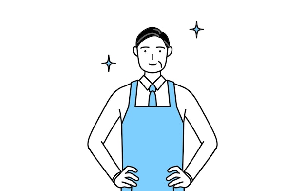 A senior man in an apron with his hands on his hips