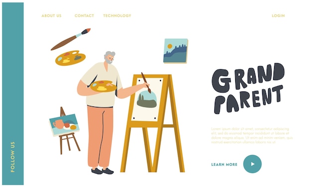 Vector senior man artist hobby landing page template. old male painter character hold paintbrush in hand in front of easel drawing with paints, aged people creative occupation. linear vector illustration