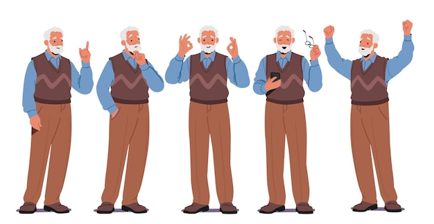 Vector senior man character displays a range of emotions wisdom joy resilience contentment contemplation