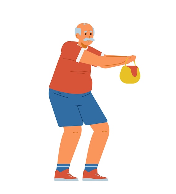 Старший мужчина делает упражнения. Пожилой мужчина на корточках с весом.