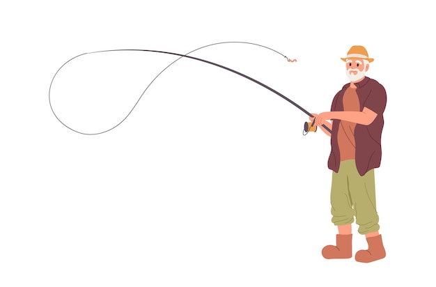 Vettore uomo anziano pescatore cartone animato felice personaggio in pensione pesca con asta isolato su sfondo bianco