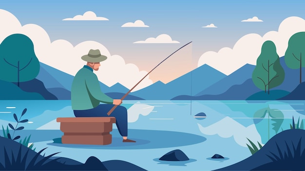 Vector a senior man fishing alone on a peaceful lake finding solace and healing in the tranquil setting