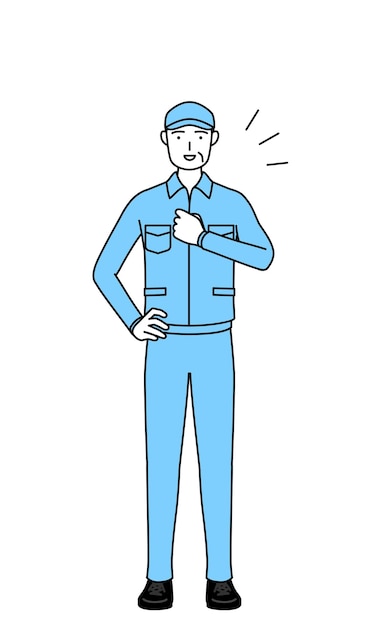 Vector senior man in hat and work clothes tapping his chest