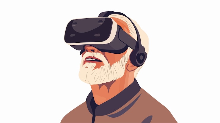 Vector senior man immersed in virtual reality gaming experience