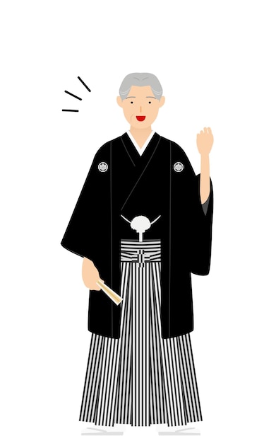 Пожилой мужчина в кимоно, одетый в хакама с гребнем, принимает позу смелости