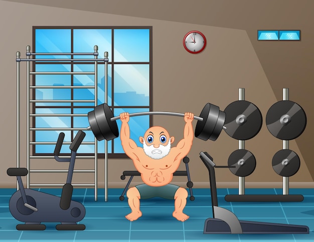 Vector senior man lifting a barbell inside the gym illustration