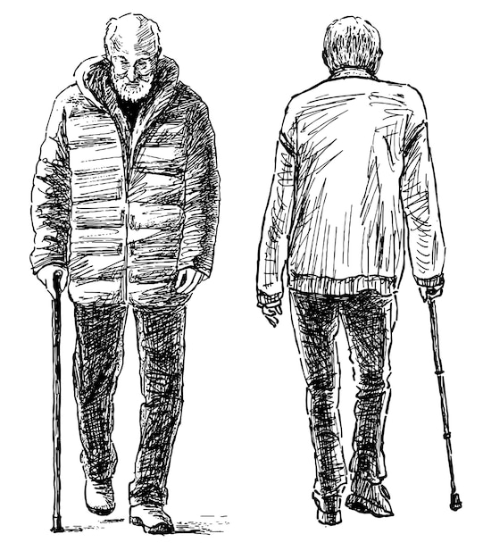 Senior man old people walking cane gray hair beard aged elderly two persons drawing weak realistic