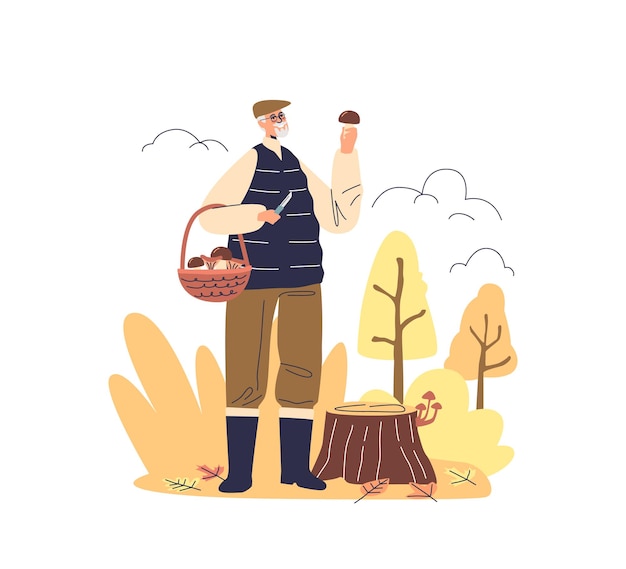 가을 숲에서 버섯 따기 수석 남자 버섯 수확을 수집 바구니와 함께 노인 남성
