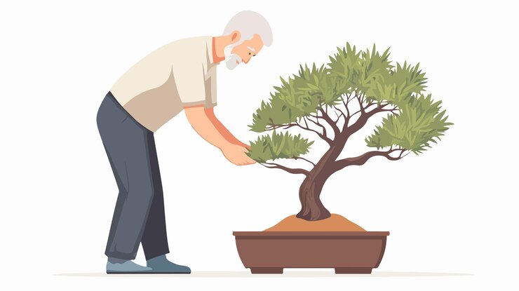 Vector senior man pruning bonsai tree indoors carefully