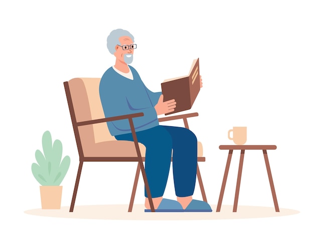 Uomo anziano che legge il libro in poltrona sorridente personaggio del lettore con il libro hobby o stile di vita in pensione