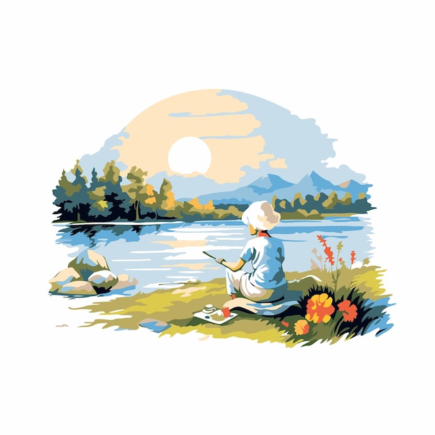 Senior man sitting on the lake shore and fishing Vector illustration