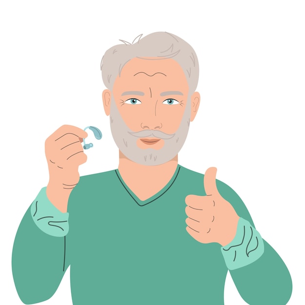Senior man uses hearing aid and shows thumbs up