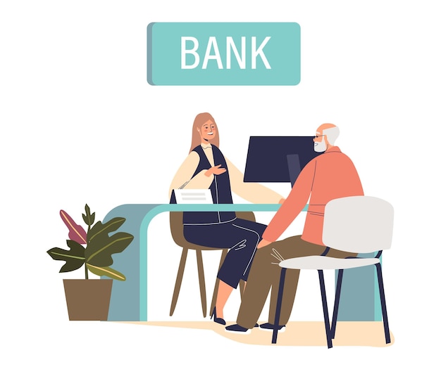 Vector senior man visit bank sit in office talking to manager of credit or deposit department worker. retirement, pension and bank service concept. cartoon flat vector illustration